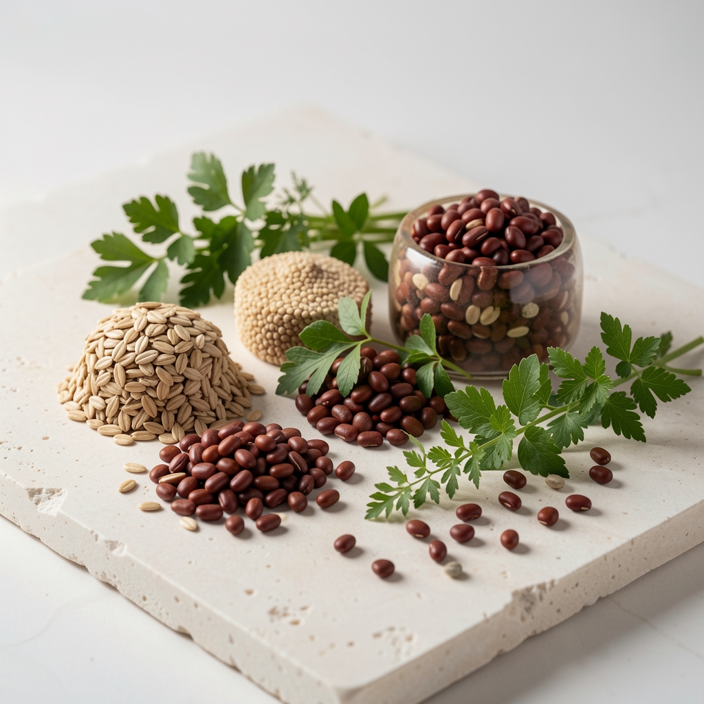 Nahaufnahme einer Auswahl an Vollkornprodukten, Hülsenfrüchten und frischen Kräutern auf einer hellen Steinplatte — sorgfältig arrangiert als botanisches Studienstillleben