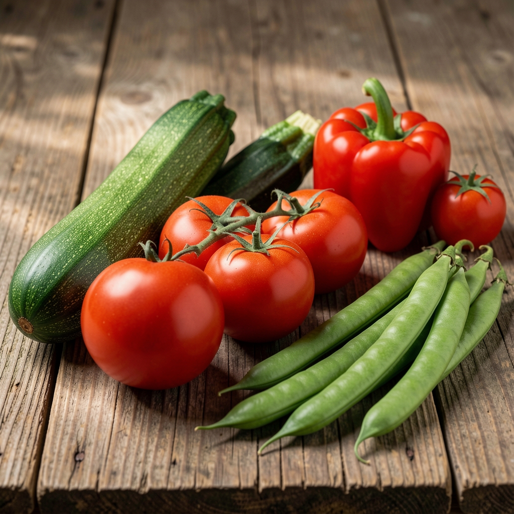 Frisches Sommergemüse auf einem rustikalen Holztisch — Tomaten, Zucchini, Paprika und Bohnen in sattem natürlichem Licht, keine Menschen sichtbar