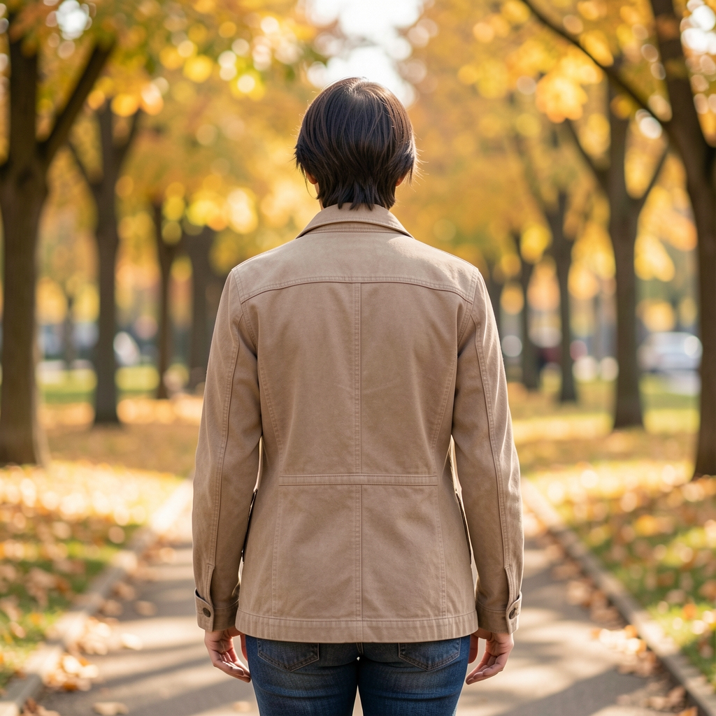 Zwei Personen beim entspannten Laufen auf einem breiten Stadtweg im Herbst, von hinten fotografiert, Bäume mit gelbem Laub im Hintergrund, natürliches Tageslicht