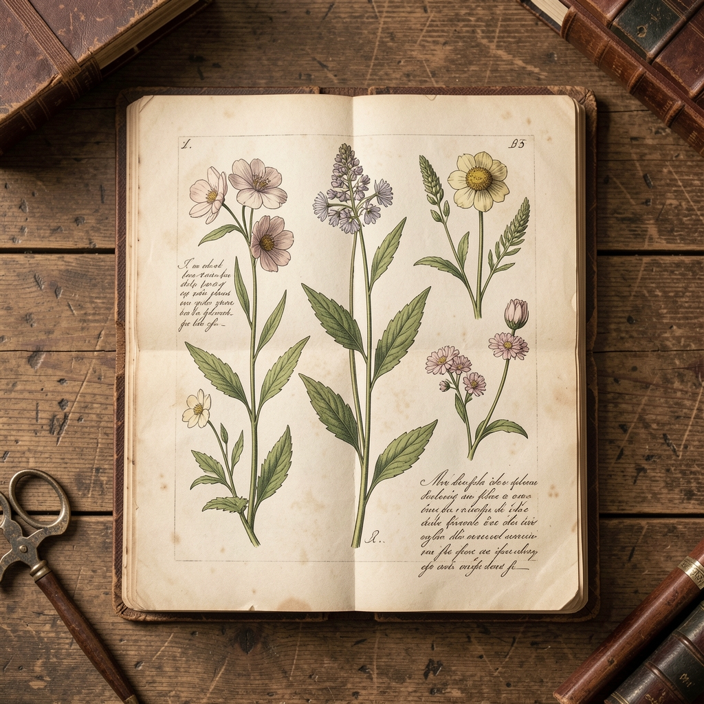 Antike botanische Buchillustration mit handgezeichneten Pflanzen und historischen Notizen auf vergilbtem Papier, Draufsicht auf einen alten Holzschreibtisch