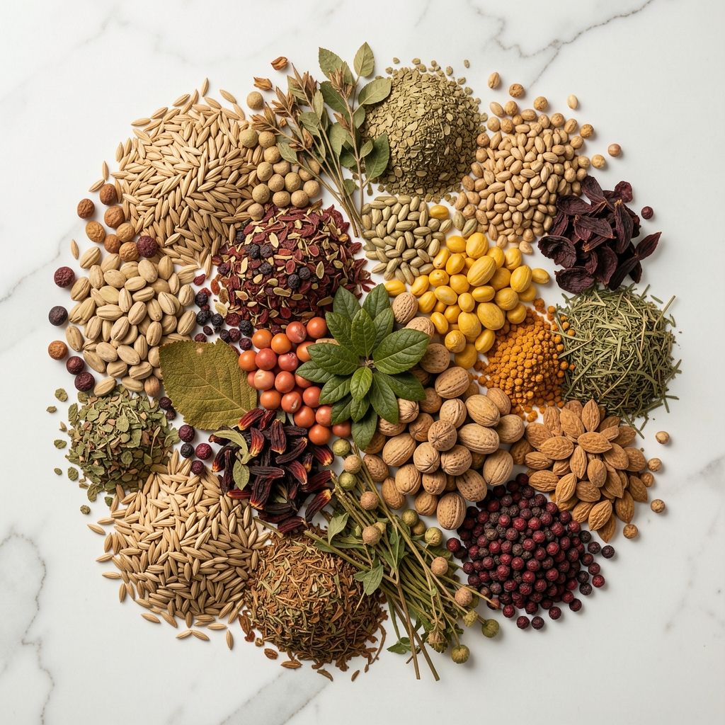 Draufsicht auf eine bunt gemischte Auswahl verschiedener Getreidesorten, Hülsenfrüchte und getrocknete Kräuter auf einem weißen Marmorgrund — ethnobotanische Studienstillleben-Ästhetik