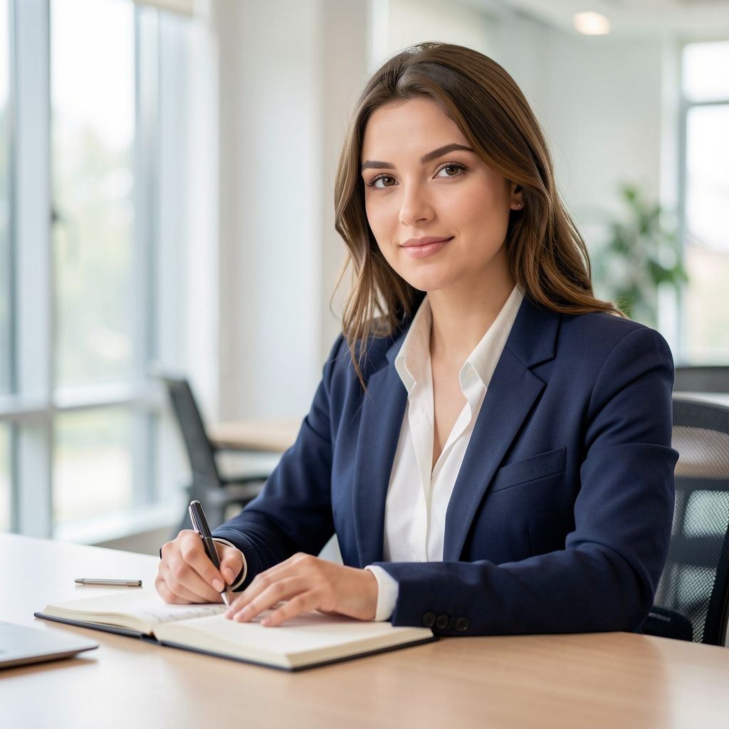 Schreibtisch mit aufgeklapptem Notizbuch, Stift und einer Tasse Tee — ruhige, helle Arbeitsatmosphäre in einem modernen Büroumfeld